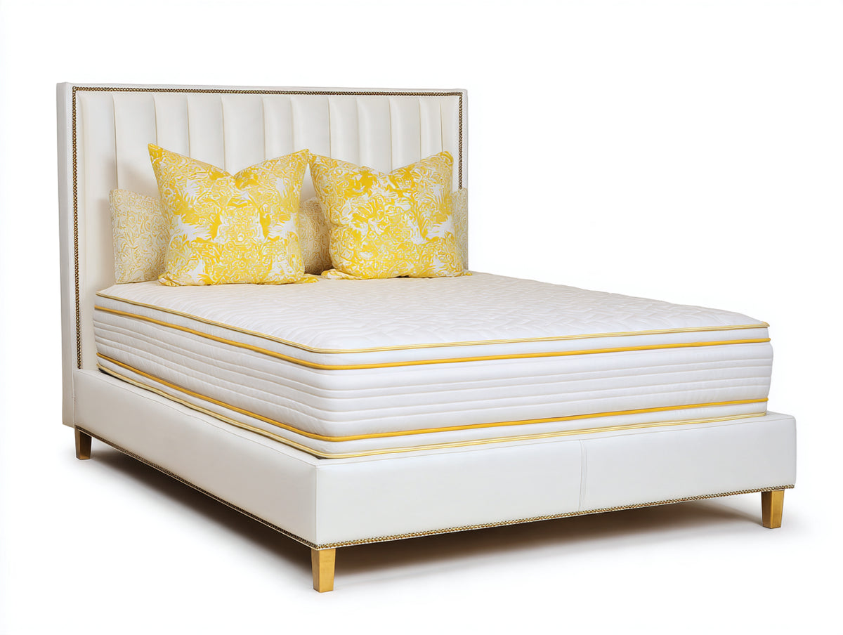 Cama doble tapizada 210x180x120 cm - blanco y dorado - cabecero alto con diseño elegante