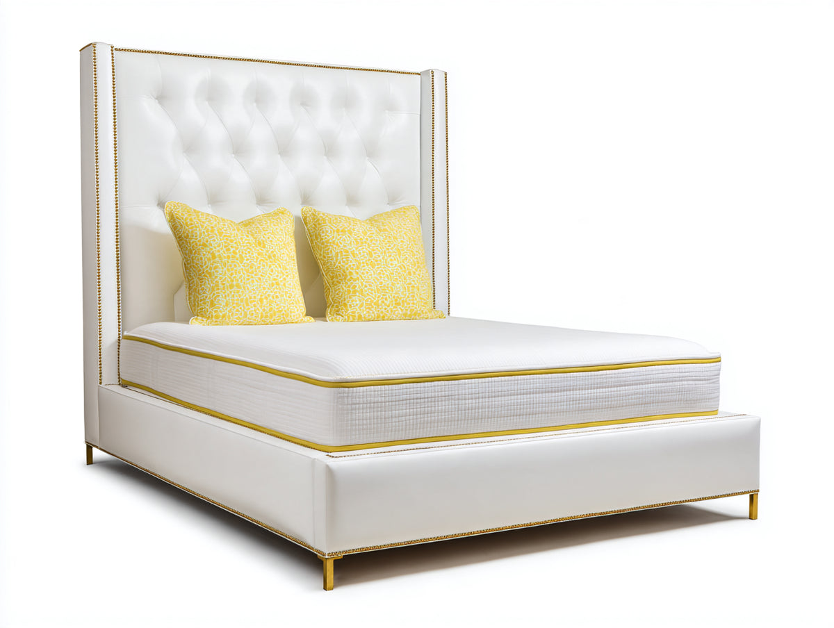Cama doble tapizada 210 x 160 x 125 cm - blanco y dorado - cabecero capitoné con detalles decorativos