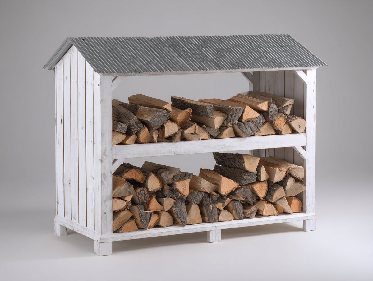 Leñero de jardín de madera 180x60x150 cm - blanco y gris - diseño rústico con techo a dos aguas y dos niveles