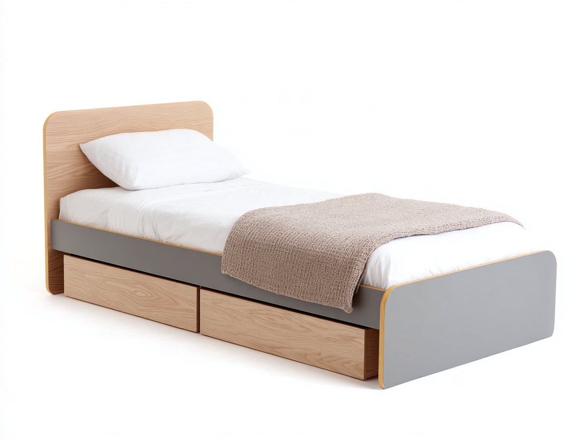 Cama individual de madera 205 x 105 x 100 cm - madera natural y gris - 2 cajones inferiores y diseño moderno