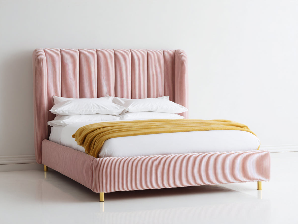 Cama doble tapizada 220x195x125 cm - rosa - diseño moderno con cabecero alto acanalado