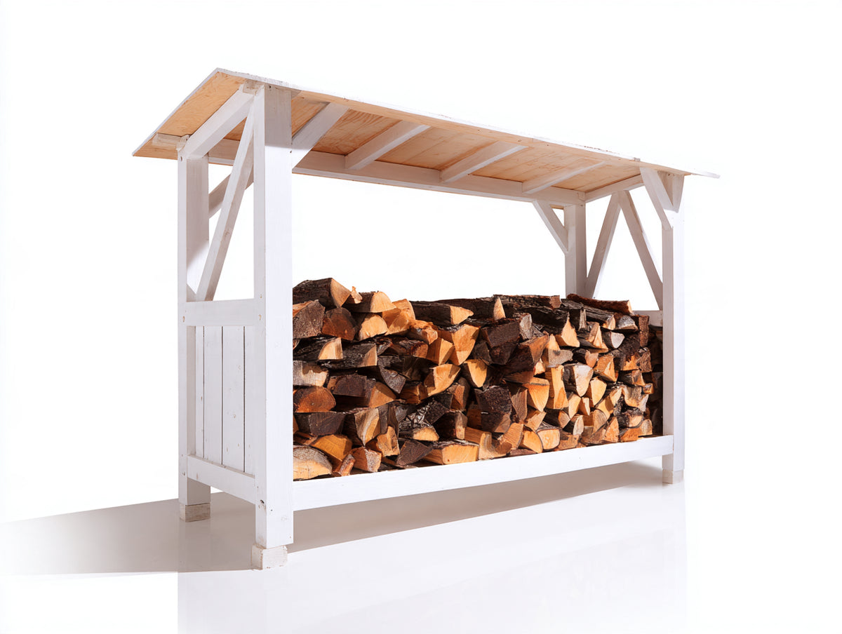 Leñero de jardín de madera 200x60x160 cm - blanco y madera natural - diseño rústico con techo inclinado
