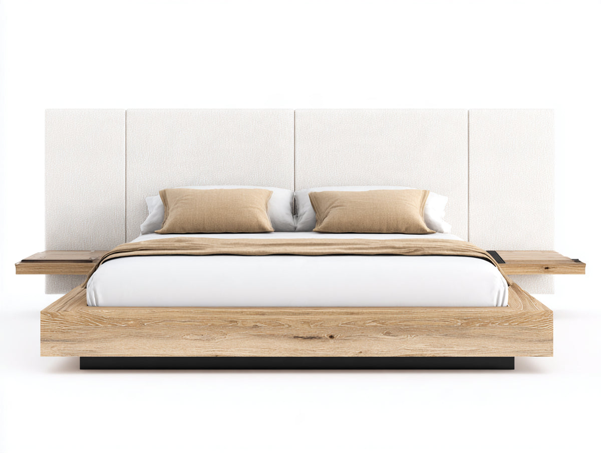 Cama doble de madera 210 x 180 x 150 cm - roble natural y beige claro - cabecero tapizado de diseño moderno