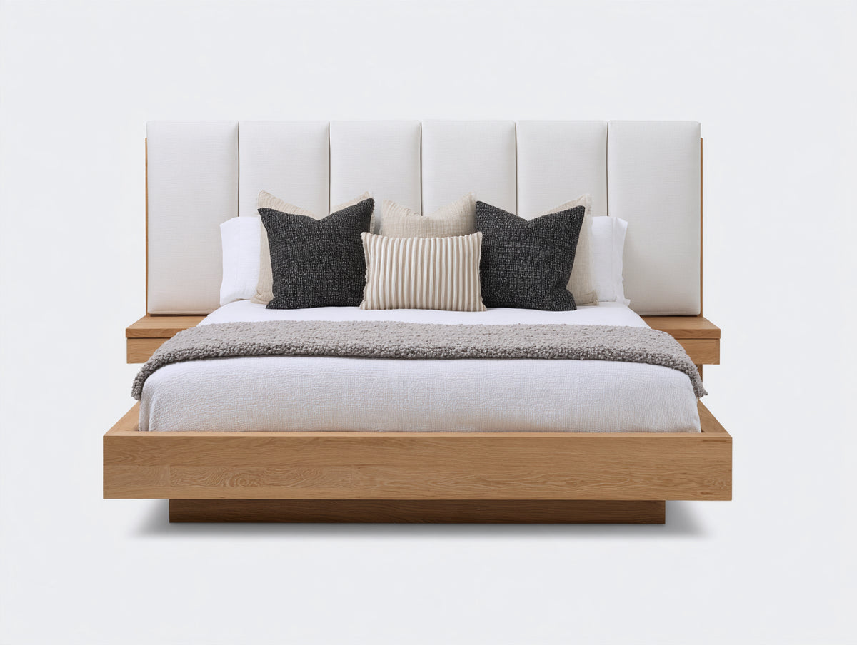 Cama doble de madera 210 x 180 x 150 cm - roble natural y beige claro - cabecero tapizado de diseño moderno