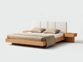 Cama doble de madera 210x180x110 cm - madera natural y blanco roto - cabecero tapizado moderno