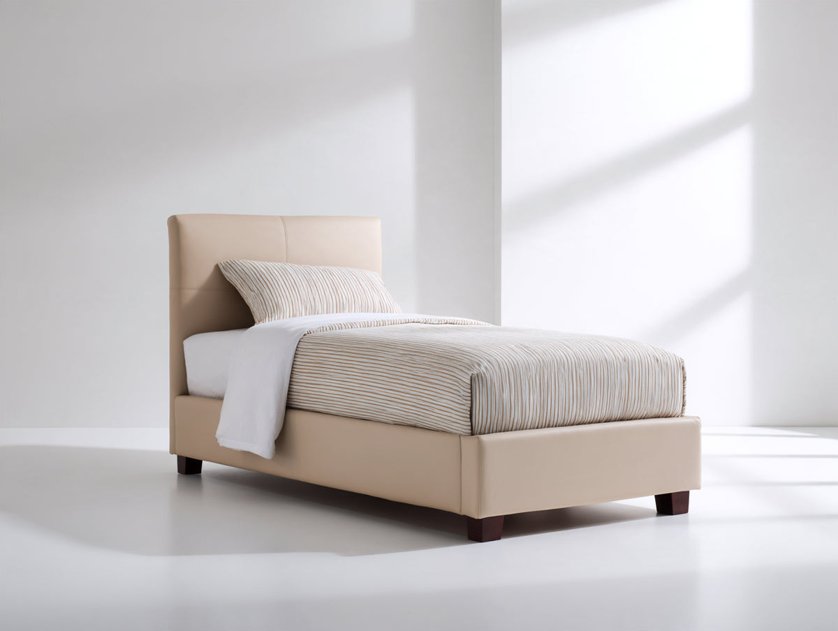 Cama individual tapizada 200x115x100 cm - beige y marrón oscuro - diseño moderno con cabecero acolchado