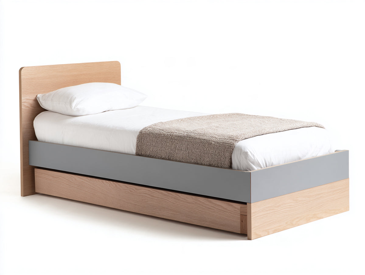 Cama individual de madera 210x105x105 cm - roble natural y gris - diseño moderno con almacenamiento inferior