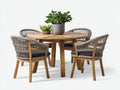 Conjuntos de comedor de jardín de madera y cuerda trenzada con mesa redonda y 4 sillas 120 x 120 x 75 cm - madera natural y gris - diseño moderno para terraza