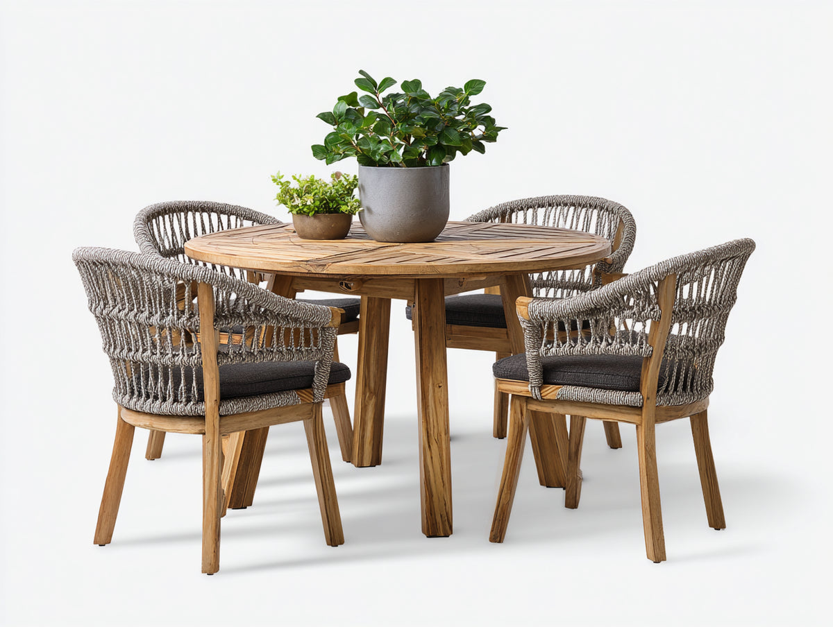 Conjuntos de comedor de jardín de madera y cuerda trenzada con mesa redonda y 4 sillas 120 x 120 x 75 cm - madera natural y gris - diseño moderno para terraza
