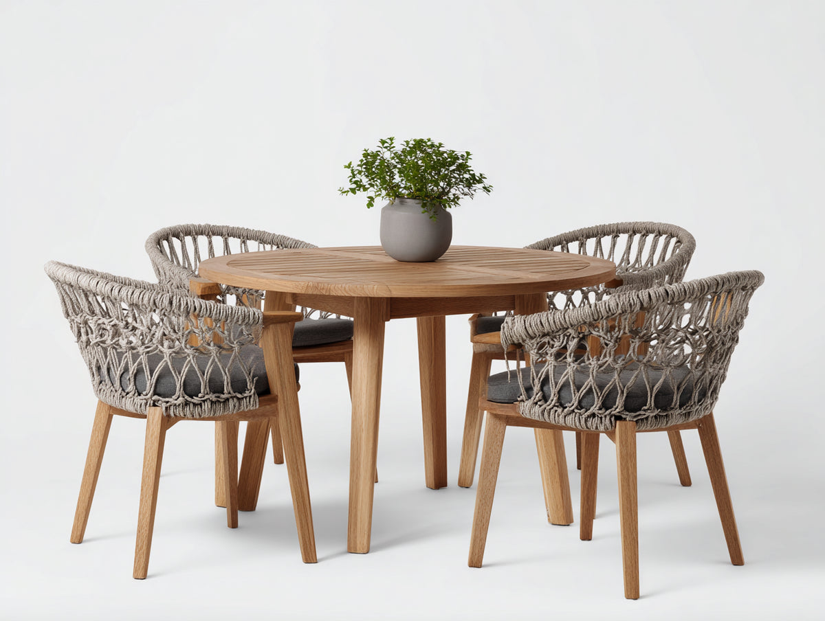 Conjuntos de comedor de jardín 120 x 120 x 75 cm - madera natural y gris - mesa redonda con 4 sillas de cuerda tejida