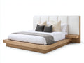 Cama doble de madera 220x200x120 cm - beige y madera natural - cabecero tapizado alto y diseño de plataforma