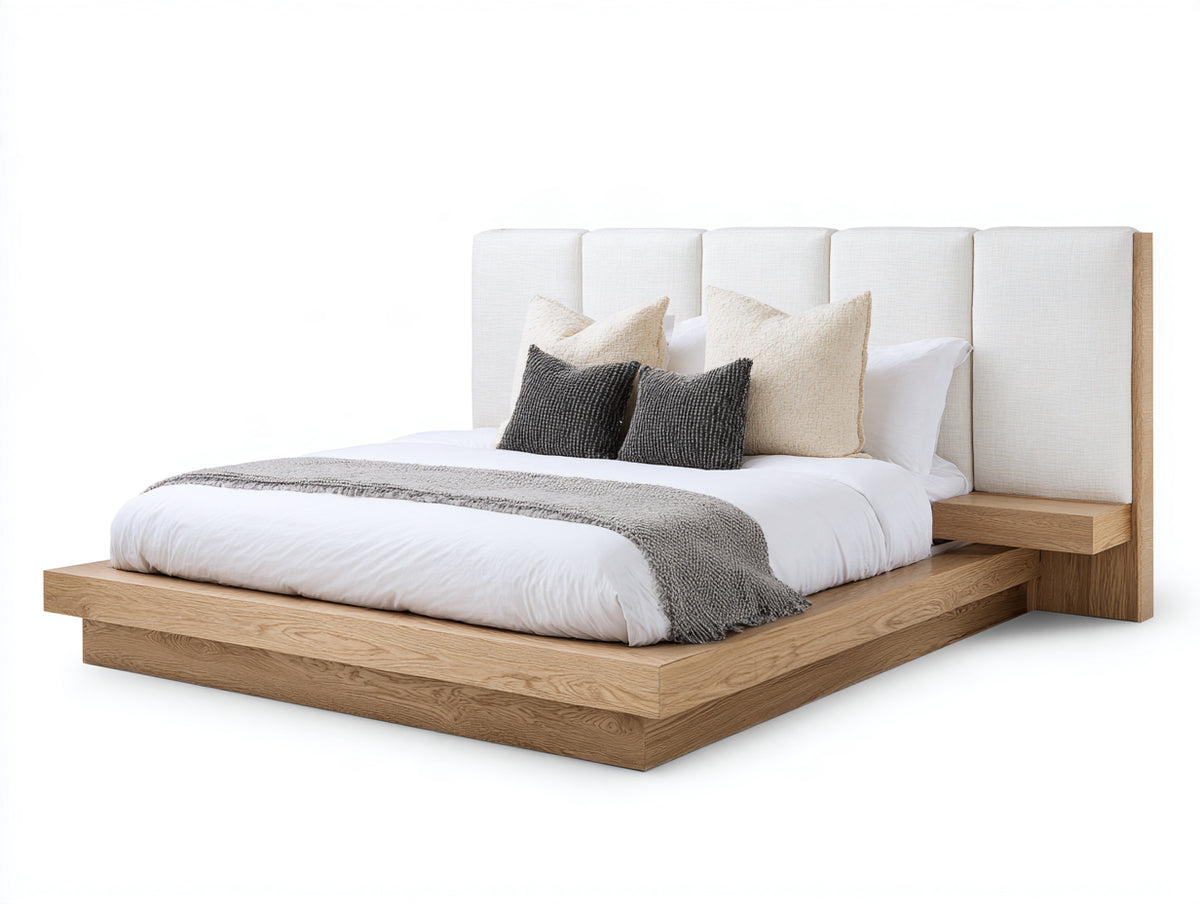Cama doble de madera 220x200x120 cm - beige y madera natural - cabecero tapizado alto y diseño de plataforma