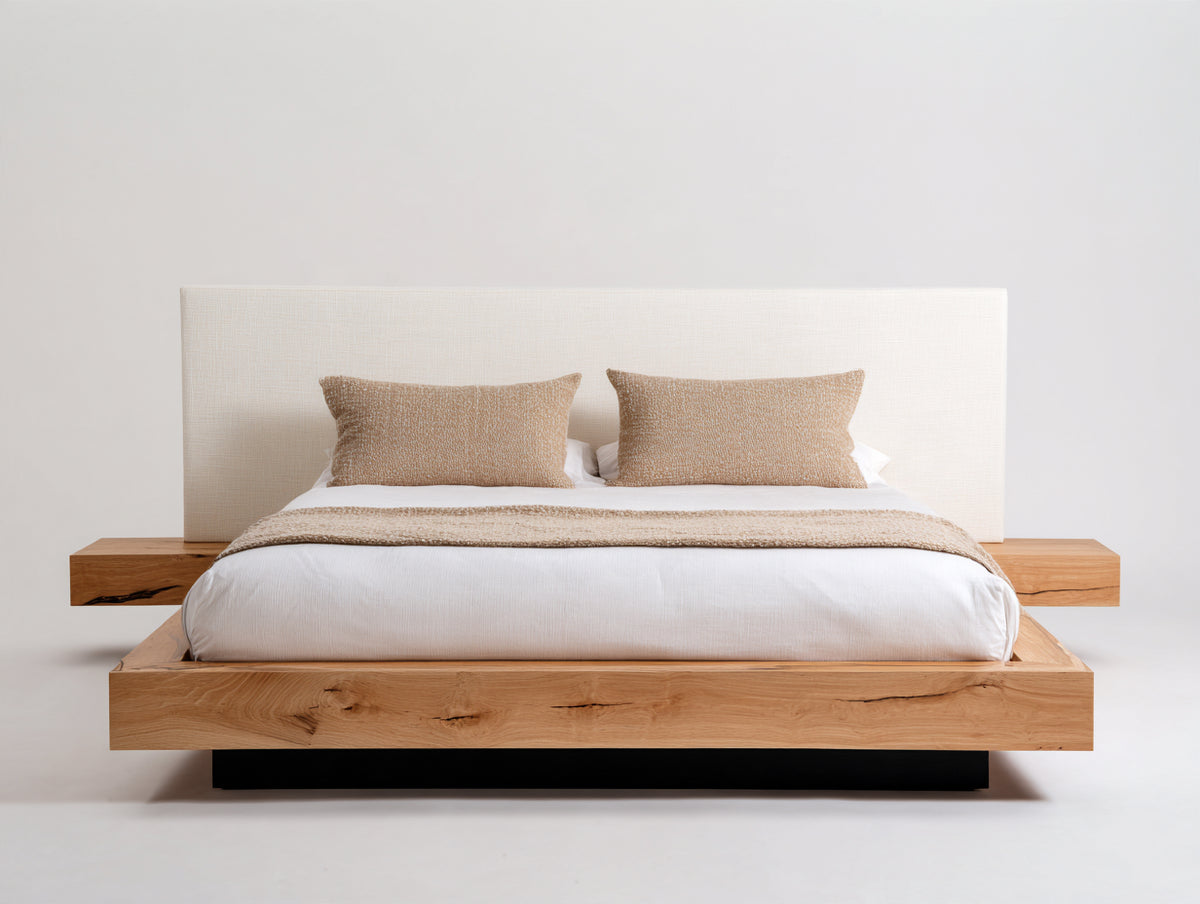 Cama doble de madera 220 x 200 x 105 cm - madera natural y beige - cabecero tapizado con plataformas laterales