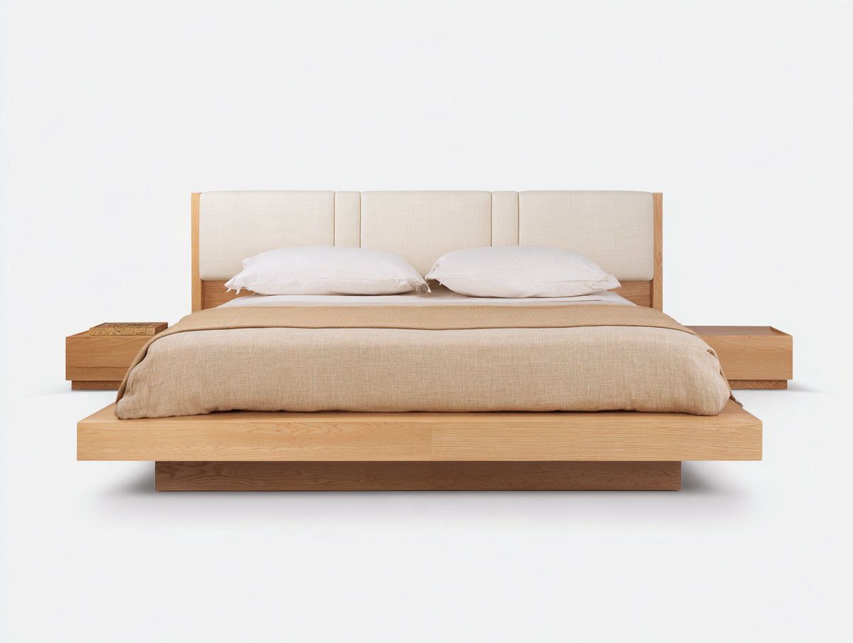 Cama doble con estructura de madera 220x200x105 cm - roble natural y beige - diseño moderno con cabecero tapizado